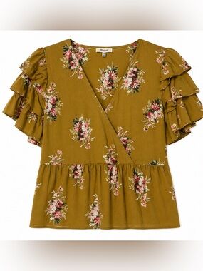 Madewell Floral Faux Wrap Ruffle Sleeve Peplum Cotton Top- 10